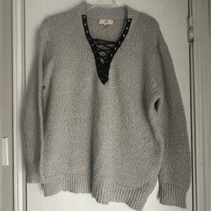 Gray V-Neck Sweater with Lace-Up Detail